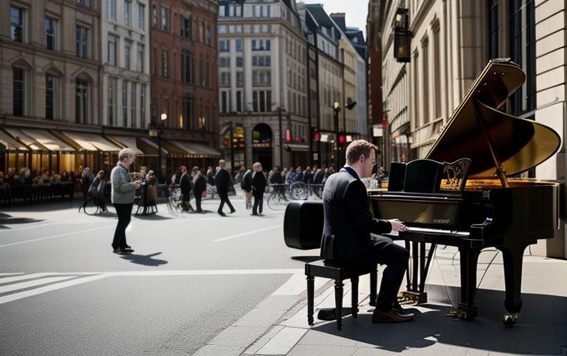 Street musician busking on piano in Crows Nest, representing piano lessons for beginners and advanced students